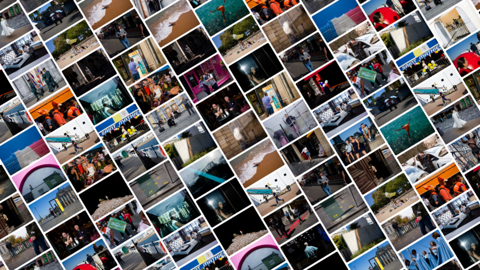 A Showboard export: dozens of photos laid out in tight rows on a white surface, rotated to a diagonal and repeating across the frame.