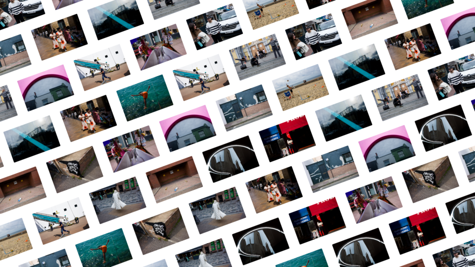 A Showboard export: dozens of photos laid out in tight rows on a white surface, rotated to a diagonal and repeating across the frame.